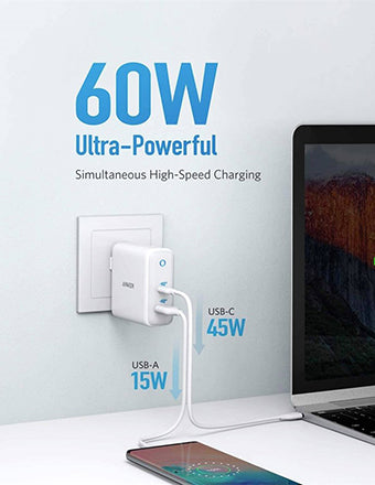 Anker 60W PIQ 3.0 & GaN Tech Dual Port Charger, PowerPort Atom III (2 Ports) Travel Charger with a 45W USB C Port, for Laptops, MacBook, iPad Pro, iPhone, Galaxy, Pixel and More Anker 60W PIQ 3.0 & GaN Tech Dual Port Charger, PowerPort Atom III (2 Ports) Travel Charger with a 45W USB C Port, for Laptops, MacBook, iPad Pro, iPhone, Galaxy, Pixel and More